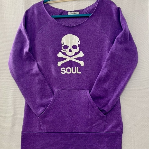 SoulCycle Purple Soul Off-the-Shoulder Sweatshirt Women's Size Large EUC - Picture 1 of 6